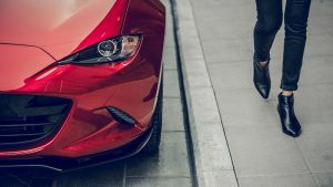 Corner view of a red 2019 Mazda MX-5 Miata.