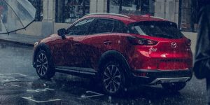 Rear-view  of a red 2019 Mazda CX-3. | Mazda dealer in Ellisville, MO