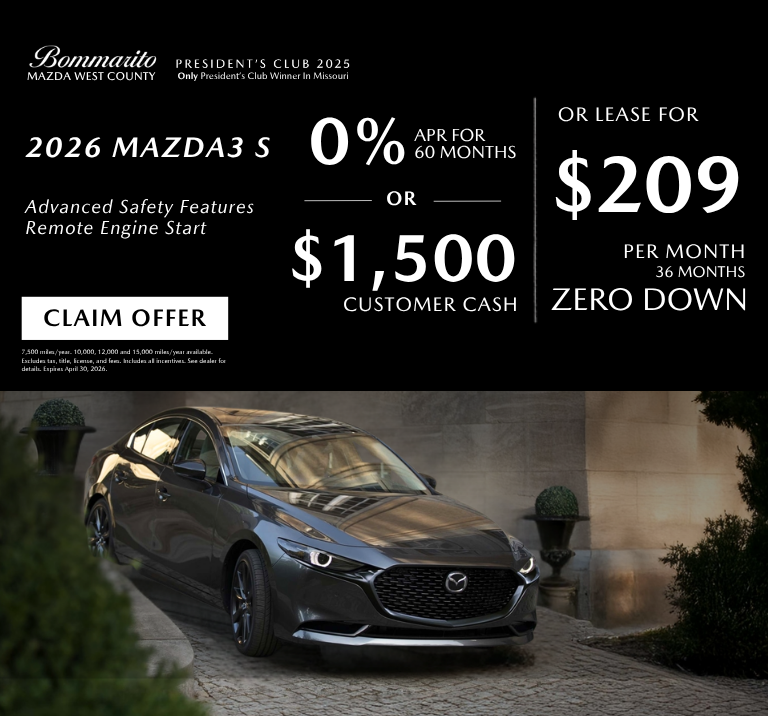 2026 Mazda3 S Lease $209 or 0% APR