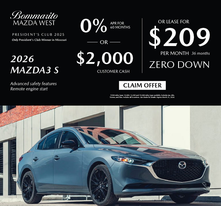2026 Mazda3 S Lease $209 or 0% APR