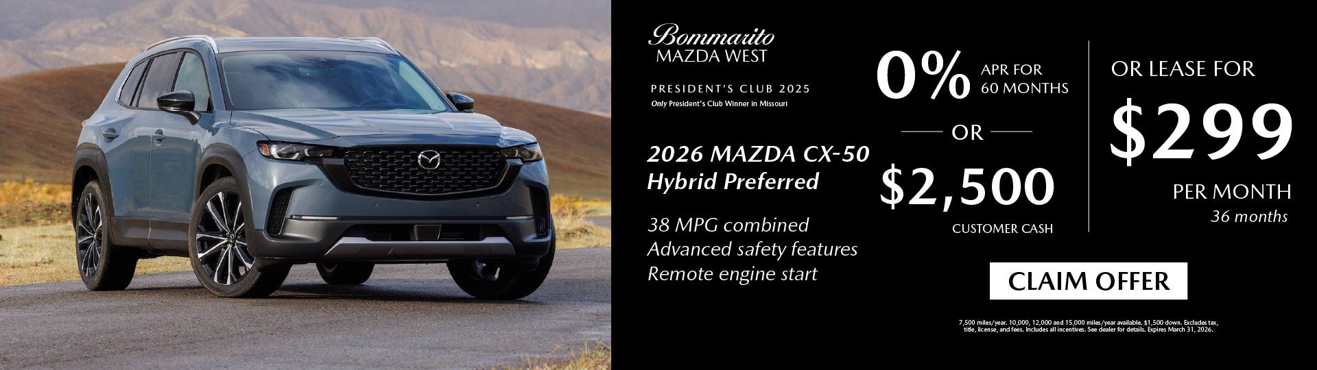 2026 Mazda CX-50 Hyrid Lease $299 or 0% APR