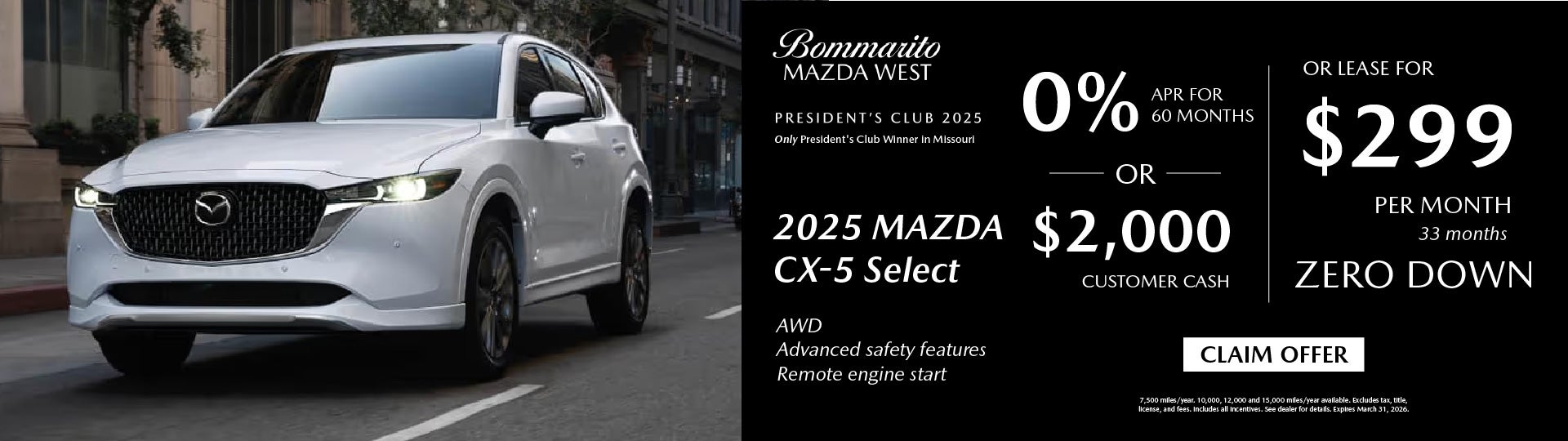 Mazda CX-5 Lease $299 or 0% APR