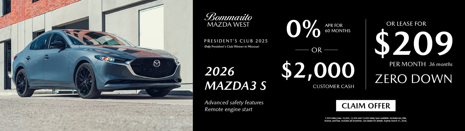 2026 Mazda3 S Lease $209 or 0% APR