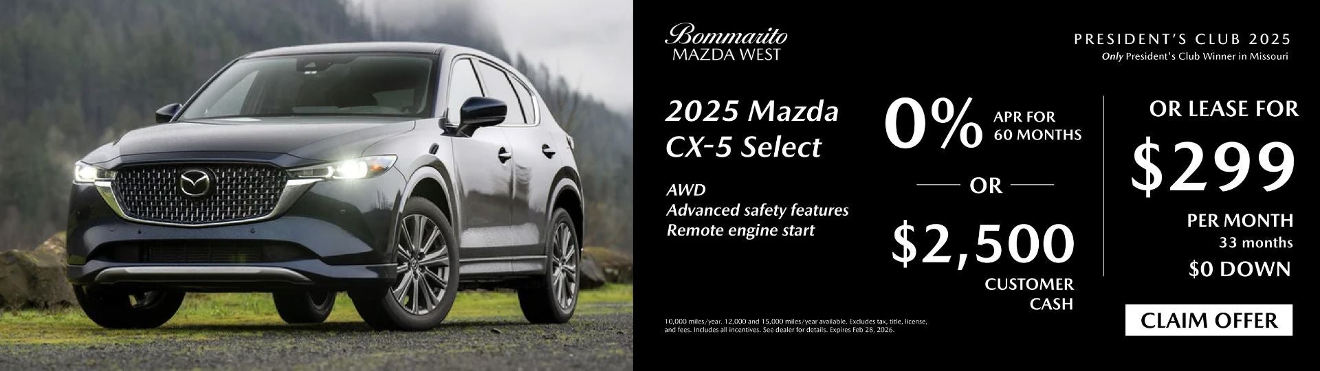 2025 Mazda CX-5 Select 0% APR or Lease $299 per month