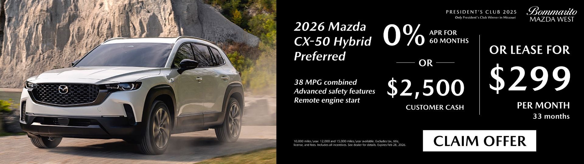 2026 Mazda CX-50 Hybrid Preferred 0% APR or Lease $299 