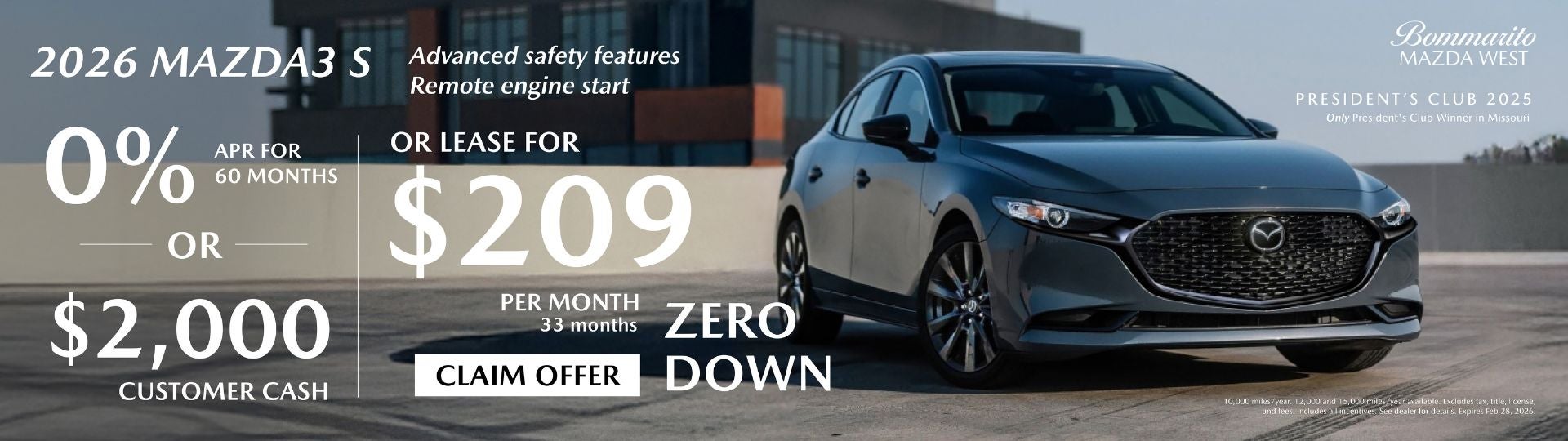 2026 Mazda3 S 0% APR or Lease $209 