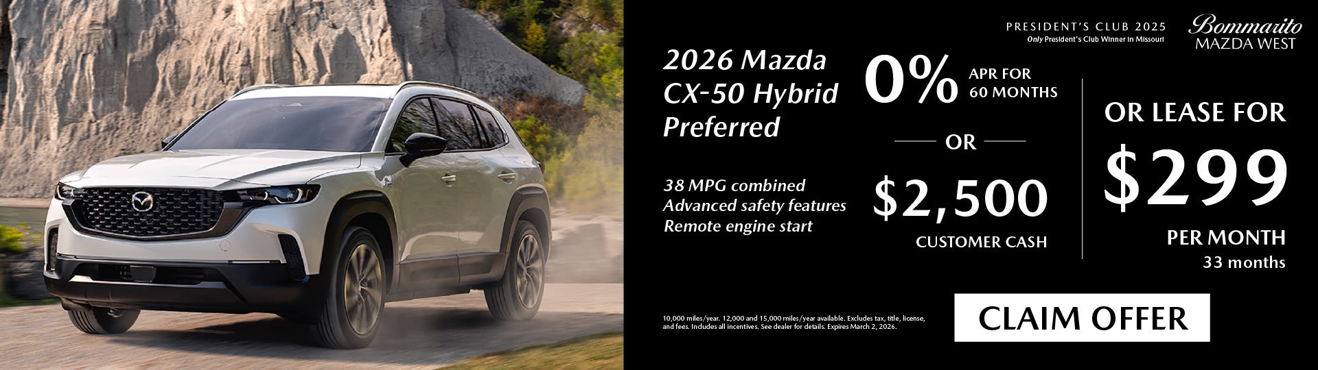 2026 Mazda CX-50 Hybrid Preferred 0% APR or Lease $299 