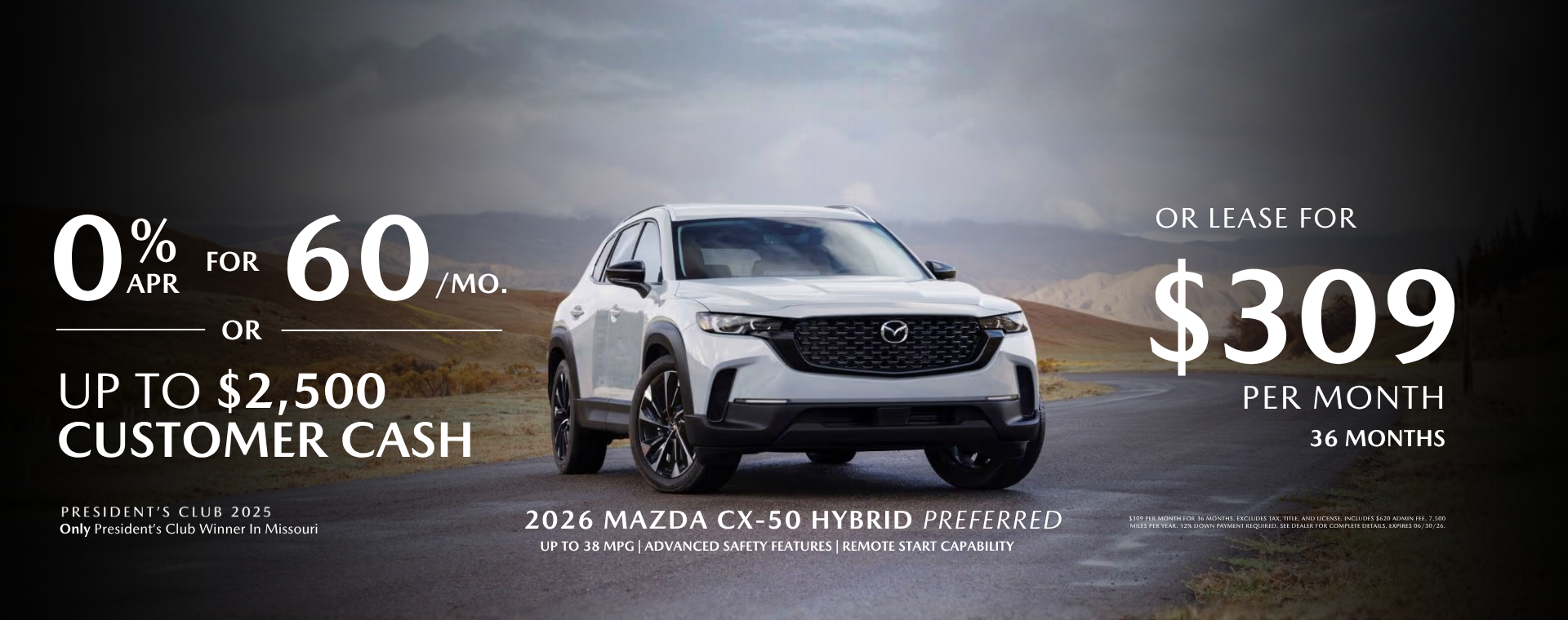 2026 Mazda CX-50 Hybrid Preferred 0% APR OR Lease $309