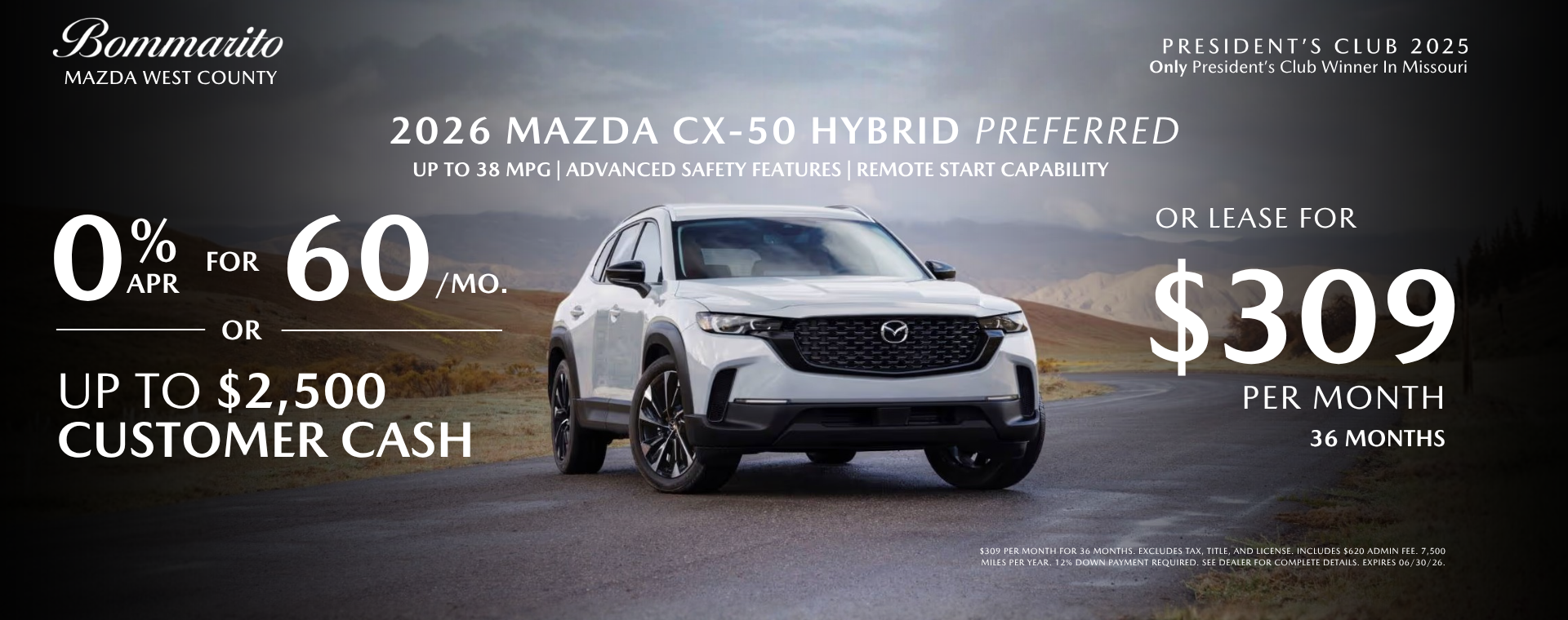 2026 Mazda CX-50 Hybrid Preferred 0% APR OR Lease $309