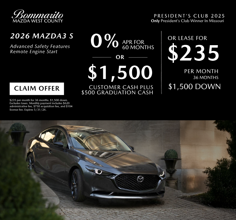 2026 Mazda3 S 0% APR or Lease $235 per month